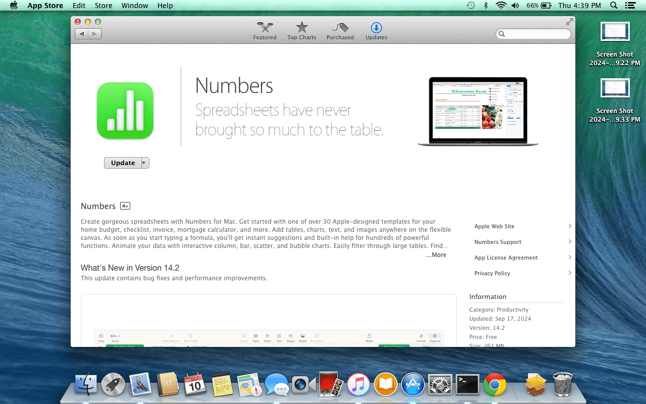 An image of the App Store page for the Numbers app, showing the Update button.