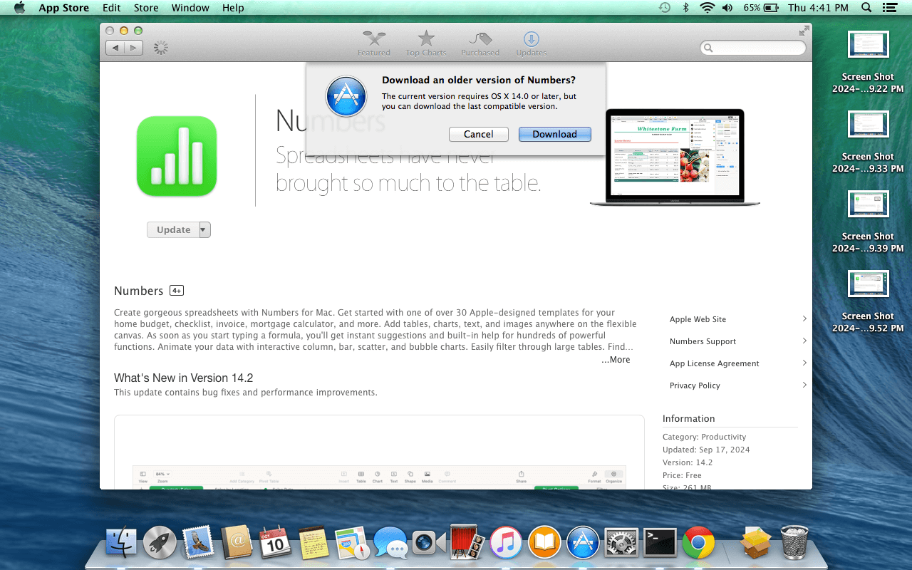 An image of the App Store page for the Numbers app, showing the download confirmation dialog, after having clicked the Update button.